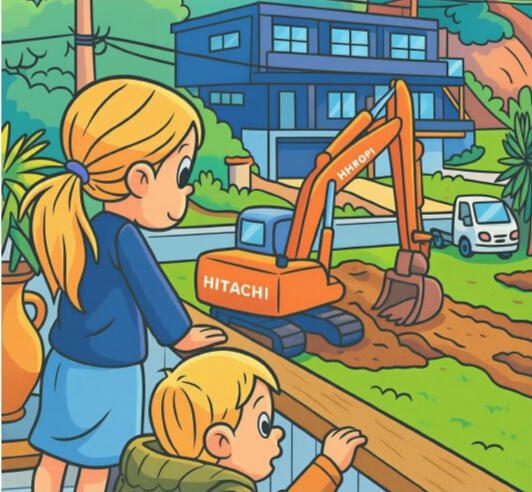Cartoon illustration of two children looking at the digger in the neighbours garden